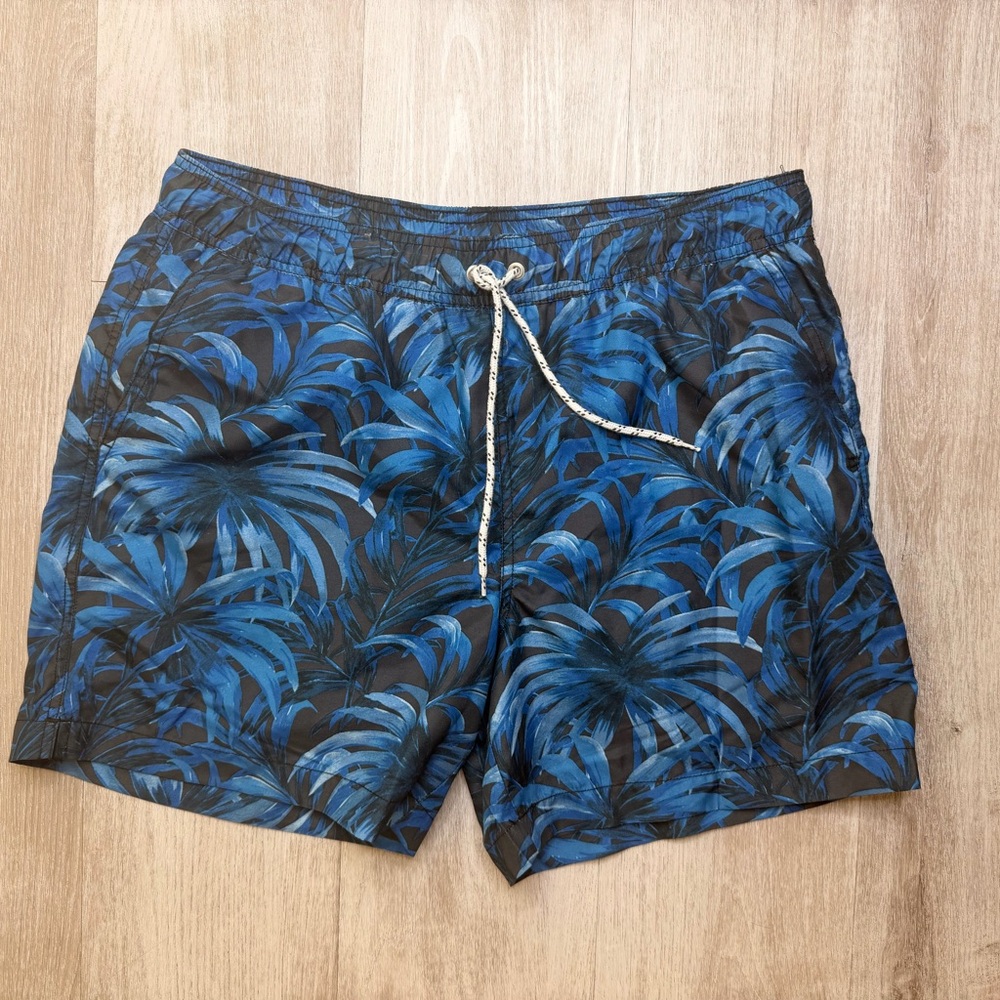 Janie and Jack Blue and Black Leaf Swim Trunks
